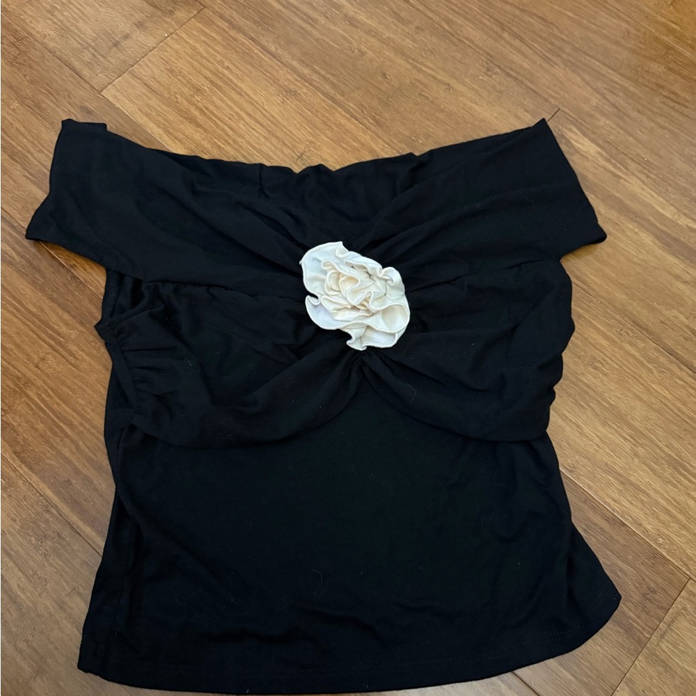 Reformation Black Off-Shoulder Top with Cream Detail